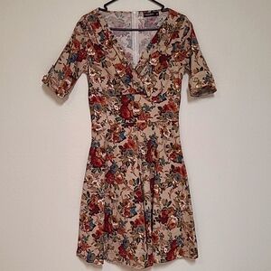 Yubaibai, M, Autumn Colors Floral Dress, In Reds, Tans, Greens, Vintage Inspired